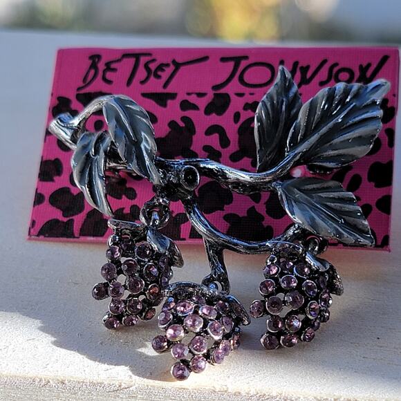 Purple Grape Cluster Brooch with Rhinestone Accents - Picture 5 of 15